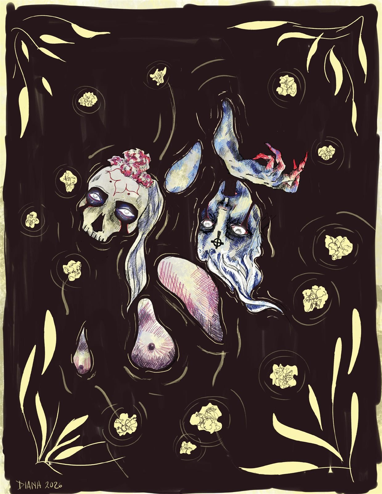 Illustration of two skull figures with floating floral motifs